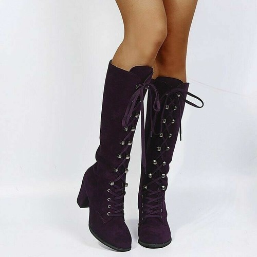 Womens Knee High Chunky Block Heels Round Toe Western Boots Riding Lace Up Shoes - Imagen 12 de 13