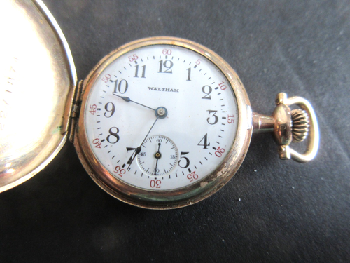 VINTAGE WALTHAM 10KT FILLED GOLD HUNTER POCKET WATCH 7 JEWELS 3/0S 1913