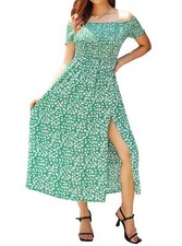 Green Boho Summer Dress Size Large Floral Off Shoulder Split Midi Maxi