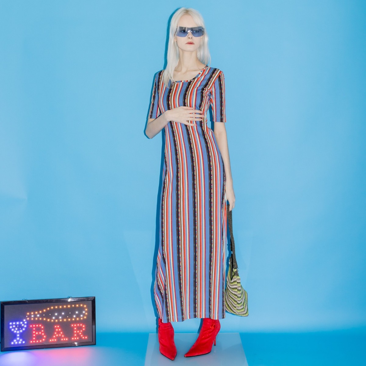 Vintage Y2K Funny Claire striped bodycon maxi dress in blue and red | eBay Vintage Y2K Funny Claire striped bodycon maxi dress in blue and red | eBay