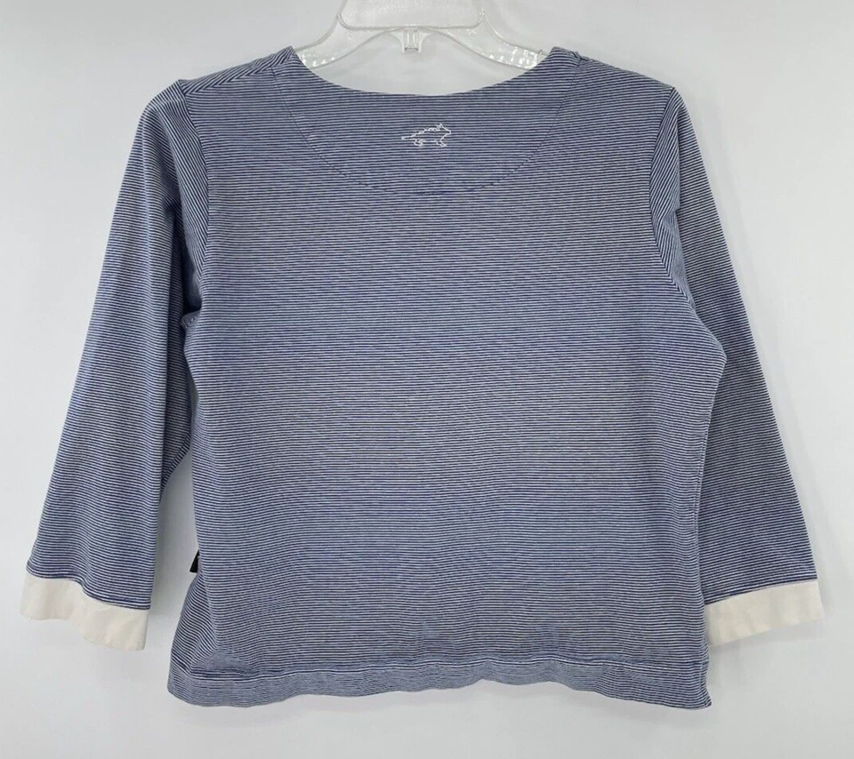 Top corto Horny Toad para mujer azul y blanco a rayas mangas 3/4 talla mediana Foto 2 de 4