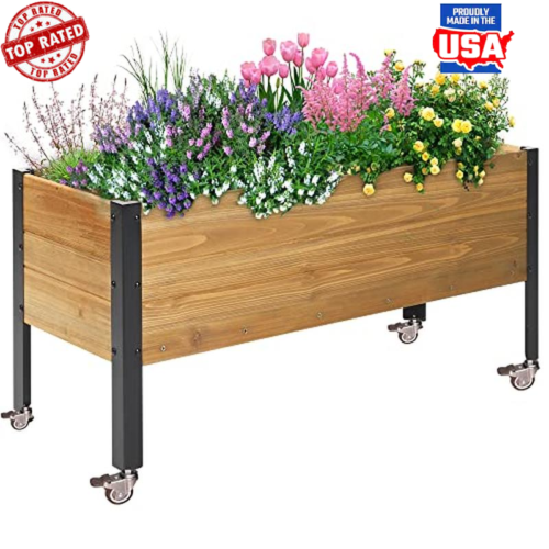 Wood Planter Box W/ Wheels Elevated Raised Bed Herbs Vegetables Flowers Outdoor