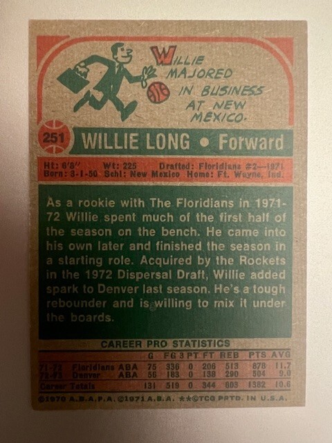 1973-74 Topps Basketball - Willie Long ( Denver Rockets ) #251 - VG/EX ...