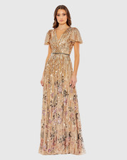 Mac Duggal Gold Sequin A-Line Gown Sz 6 – Flounce Sleeves, Beaded Waist NWT