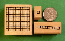 Number Grid Rubber Stamp Set of 3 - ones, tens, hundreds - wood mounted