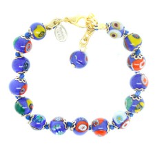 Bracciale In Vetro Di Murano Blu Multi Oro Millefiori Venezia 15 Perle