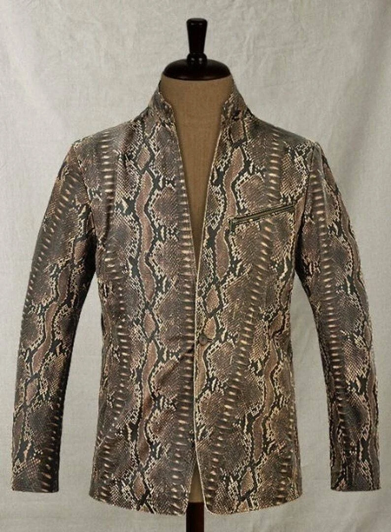 CLASSIC New Men's Snake Print Leather Blazer Real Lambskin Causal Slim FitBlazer
