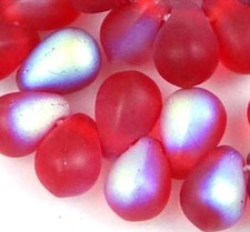 50 Czech Frosted Sea Glass Teardrop Beads - Matte - Siam Red AB moonstone 6x4mm