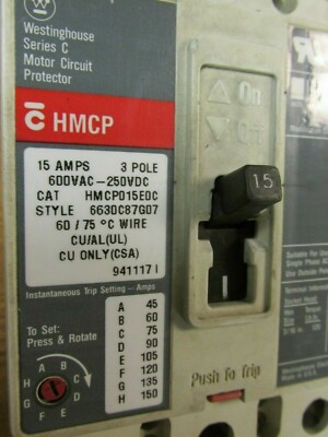 WESTINGHOUSE MOTOR CIRCUIT PROTECTOR 3 POLE 15 AMP HMCP015E0C..     VA-137