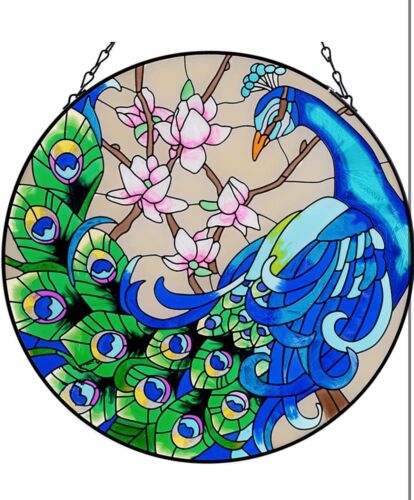12" Garden Peacock Handmade Painted Stained Glass Wall Window Decorative Hanging - Picture 1 of 7