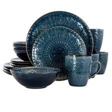 Elama Deep Sea Mozaic 16 Piece Luxurious Stoneware Dinnerware with Complete Sett