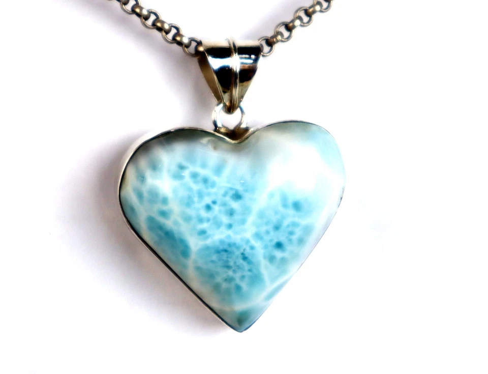 Impresionante colgante de corazón de plata de ley .925 azul claro natural Larimar 37 mm Foto 4 de 4