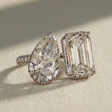 Beautiful Toi et Moi Radiant & Pear cut Moissanite Ring,925 Sterling Silver Ring
