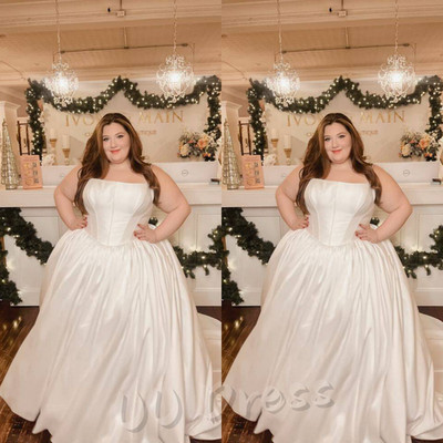 Plus Size Wedding Dresses Off Shoulder Satin Bridal Gowns with Chapel Train