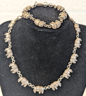Vintage 925 Silver Elephant Necklace And Bracelet Set 56g