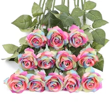 Artificial Rainbow Flowers 12PCS Rainbow Roses Bouquet Fake Rainbow Roses Rea