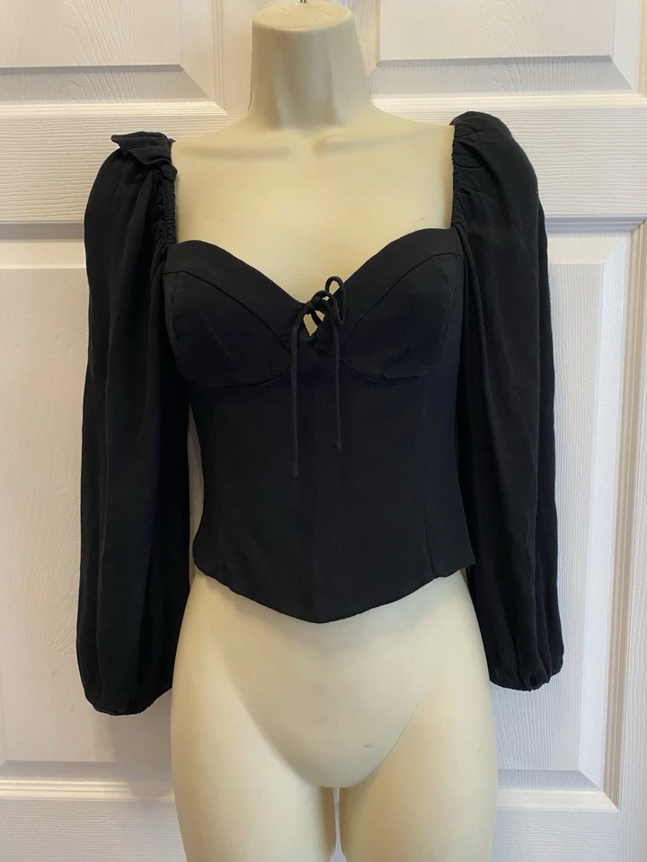 Aritzia Wilfred Novella Blouse Top Size S Black Puff Sleeve Crepe Ruched Back - Image 4 of 4