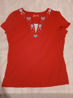 Holiday Editions Stars Heard Flag Red Blue Blouse shirt  cotton Patriotic  July