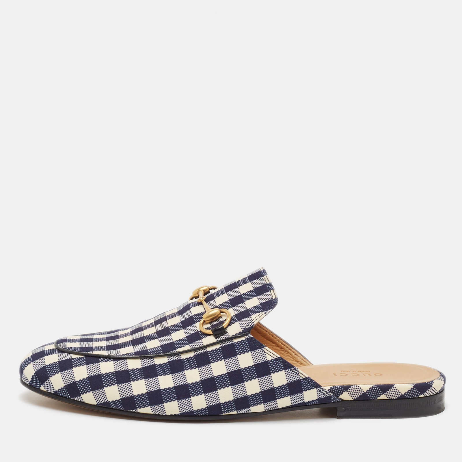 Gucci Black White Canvas Leather Princetown Mules Size 38