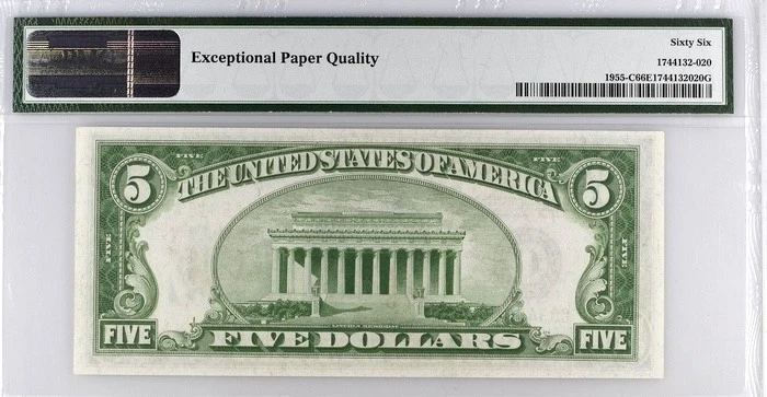 1934 $5 Federal Philadelphia  PMG 66 EPQ LGS Light Green Seal Fr 1955-C - Image 2 of 2