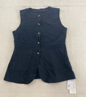 Commense Top Womens XL Black Button Front Sleeveless Pockets Vest Casual NWT
