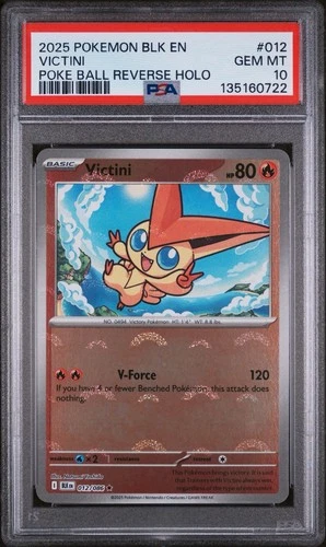 2025 Pokemon Black Bolt Victini Poke Ball Reverse Holo 012/086 PSA 10