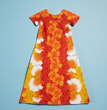 Vintage Reef Hawaiian Muumuu Dress Size S Floral Aloha Midi Orange Hibiscus 60s