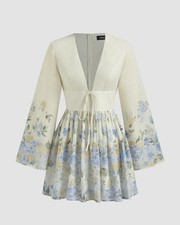 CIDER V-NECK FLORAL KNOTTED RUFFLE MINI DRESS SMALL 8