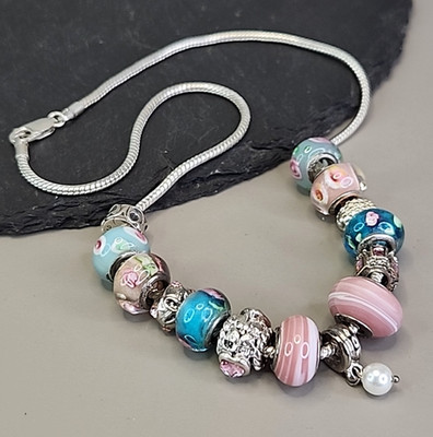 Glass Bead 14 Charm Necklace Lampwork Floating Silver Tone 17''