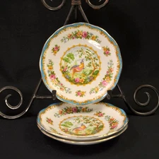 Royal Albert 3 Saucers 5 1/2" Chelsea Bird Blue Scalloped Multicolor Gold 1940's