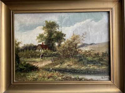 ANTIKES ÖLGEMÄLDE alte britische primitive ländliche Landschaft R. Percy um 1880
