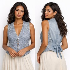 Vtg Y2K Spenser Jeremy Tie Back Vest M Blue Beaded Sequin Western Boho Festival