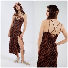 Urban Outfitters First Light Cut Out Satin Brown Tiger Print Midi Dress Small