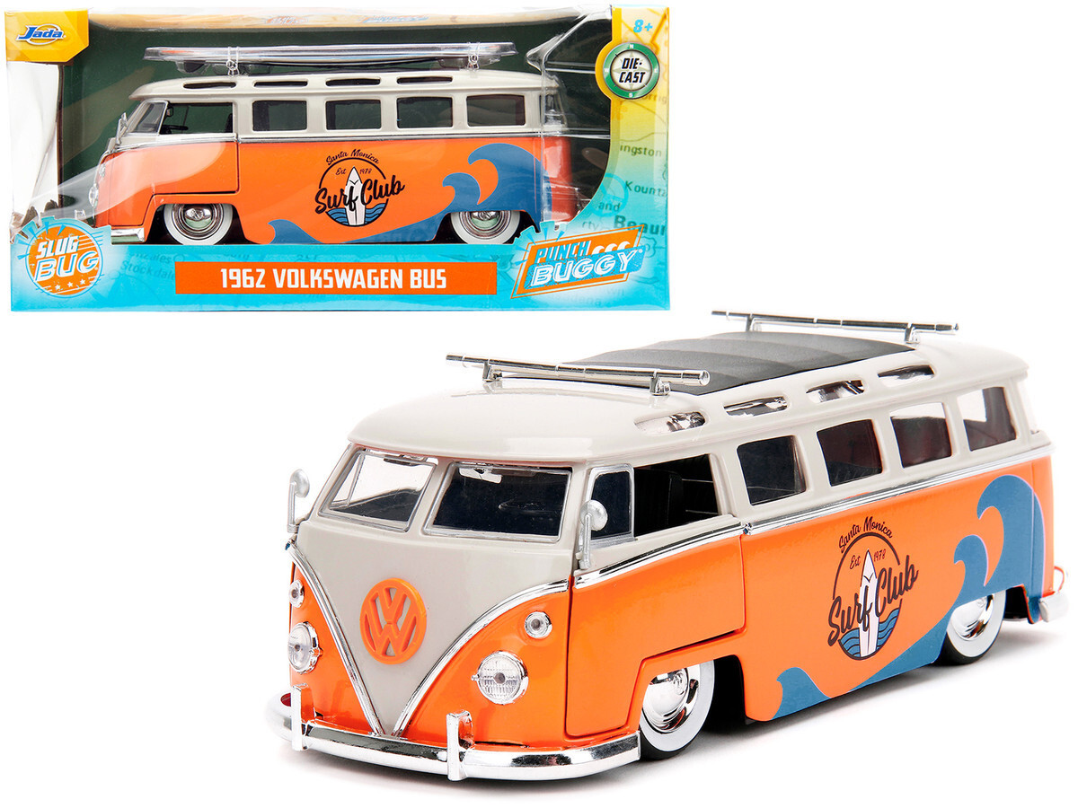 ミニカー Jada Toys V DUB$ Volkswagen Bus 1/24 Jada 1962 Volkswagen Bus Orange & White w/Surfboard 1/24