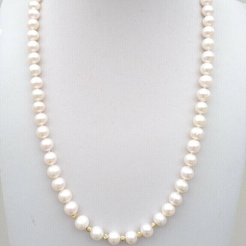Impresionante Collar Diario 19" Natural 7-8mm Akoya Blanco Perla Real Oro 14k P Foto 2 de 4