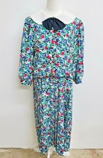 Vintage 70s 80s Jessica Cole Pleated Dress Floral Button Front Collar & Bow ~M/L