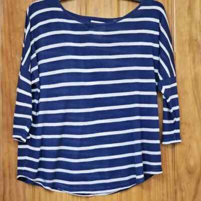H&M L.O.G.G Y2K Navy Royal Blue Stripe 3/4 Sleeve Top, Size M