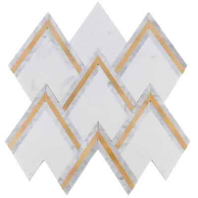 White Cararra Stone w/ Gold Aluminum Trim Inlay Tile Kitchen Wall Backsplash