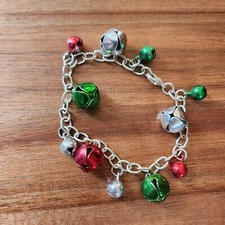 Colorful Jingle Bell Bracelet 7.5" Silvertone Chain Christmas Holiday Jewelry