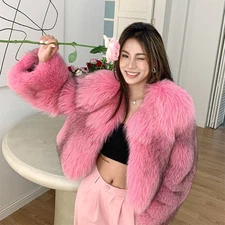 Pink Womens Short Real Fox Fur Coat Winter Jacket Genuine Fur Outwear Cropped