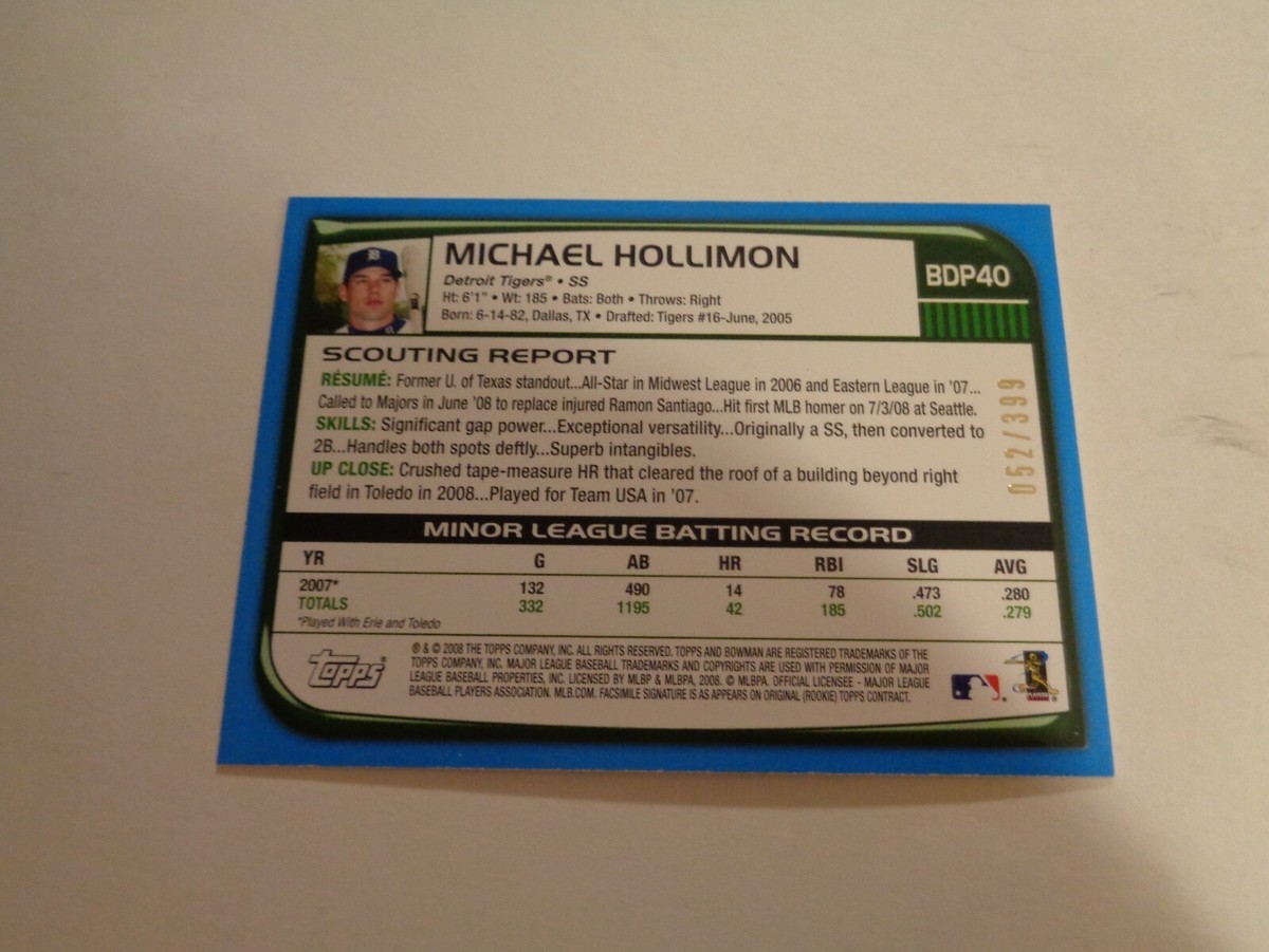 2008 Topps Bowman Blue Michael Hollimon Card #BDP40 Serial #52/399
