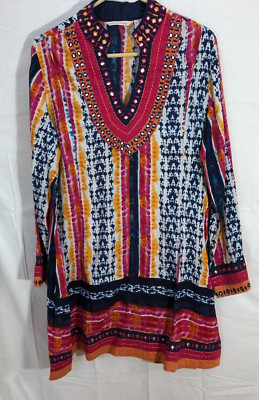 Soft Surroundings Tunic Dress Woman M Giada Batik Boho Bling Colorful Coastal