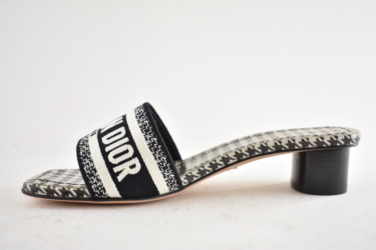 Christian Dior Dway Heeled Slide Black White Houndstooth Logo Heel