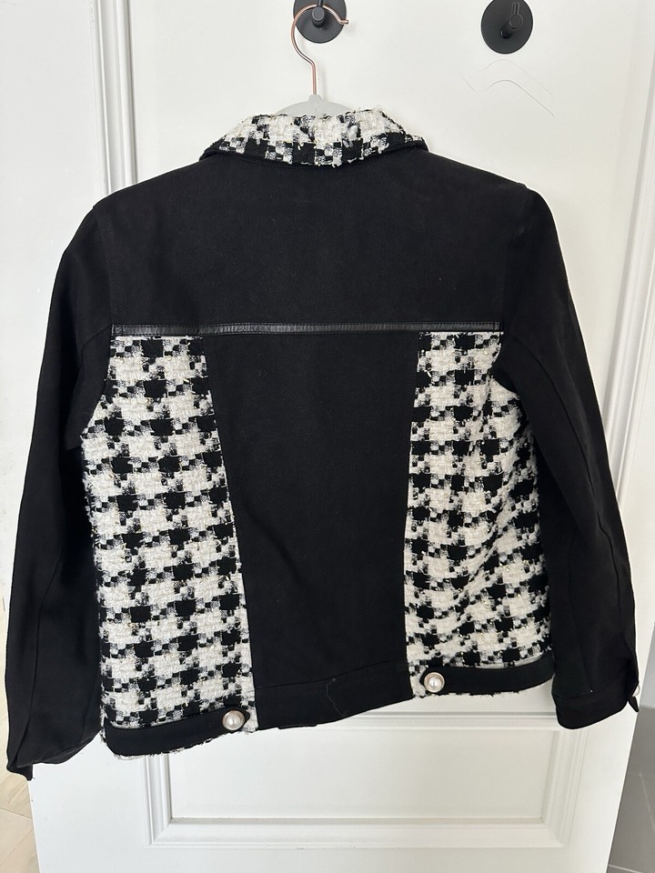 Uterque Zara Black Denim Dogtooth Jacket Small eBay