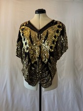 Vintage 70s 80s Imported Silk Top with Gold Sequins in Butterfly Motif