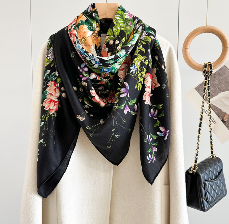 70% Cashmere 30% Silk Wrap Scarf Red flower Print Double Face Print Shawl 53''