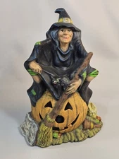 Vintage Hand Painted Ceramic Witch On Pumpkin, Cat & Broom 70's Halloween Statue