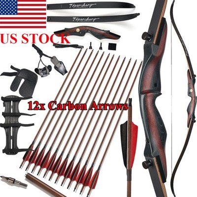 62'' Takedown Recurve Bow Longbow & Carbon Arrows Wooden Riser for Hunting Target