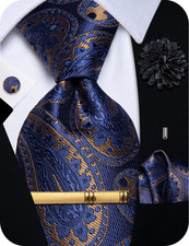 Silk Paisley Floral Tie and Pocket Square Cufflinks with Lapel Pin