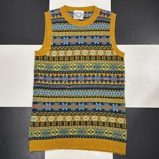 Jamieson's Fair Isle Knit Vest L Yellow multicolor Shetland Wool Scotland